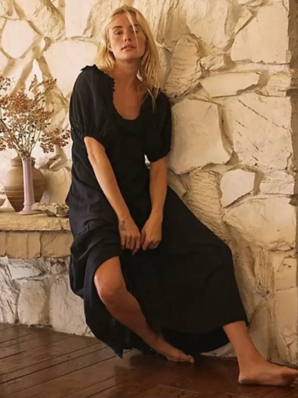 Free People Kaylyn Puff Sleeve Midi Dress in Black